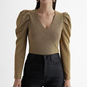 Express Shine V-Neck Puff Sleeve Bodysuit Gold Shimmer XS Sparkle